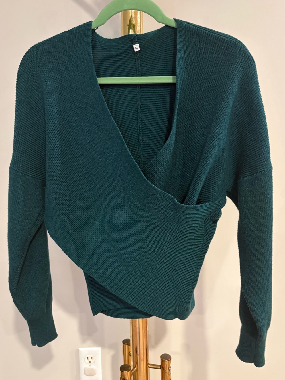 M Teal Green Cropped Wrap Medium Weight Sweater V-neck Layer Cozy Fall Y2K
